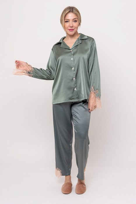 Pijama Longo em Cetim Dull e Renda Chantilly Green Verde 11642