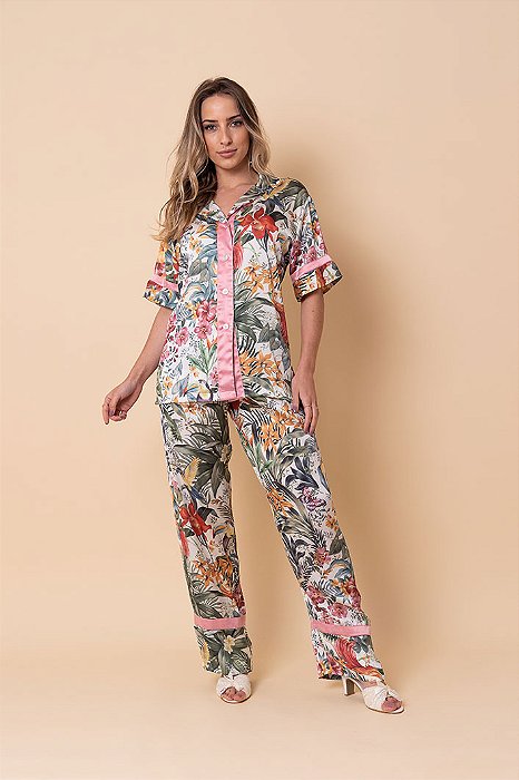 Pijama Longo Tropical Colorido 11647