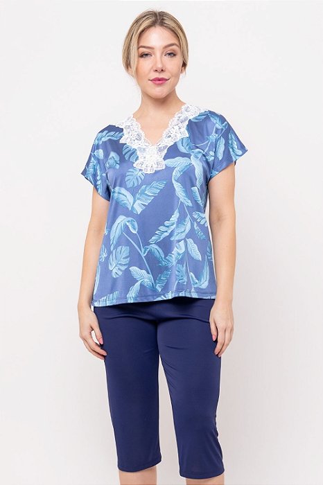 Pijama Capri Folhas Azuis Marinho 11662