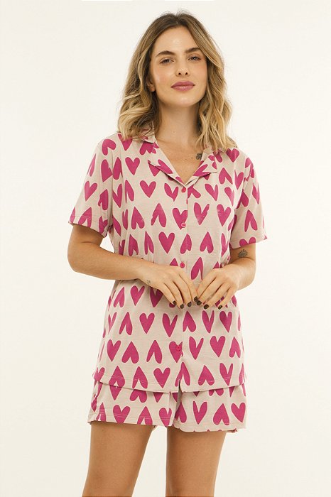 Pijama Short Doll com Botoes Love Pink 11599