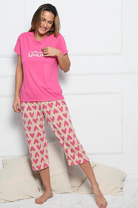 Pijama Capri com Manga Curta Love Pink 11601