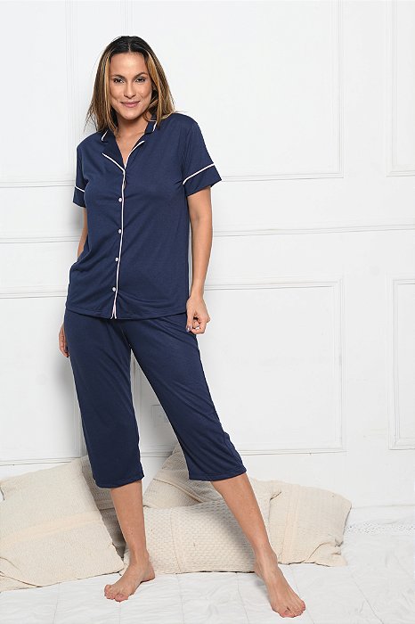 Pijama Capri com Botoes Blue Marinho 11611