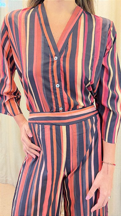 Pijama Longo com Botoes Helena Listrado 11678