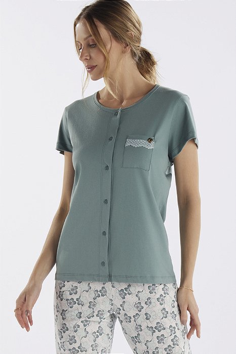 Pijama Capri Aberto em Algodao Maite Verde 11778