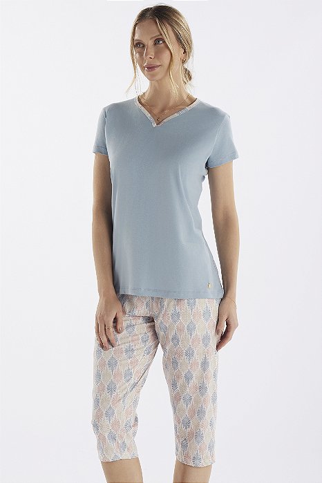 Pijama Capri Fechado em Algodao Alice Azul 11779