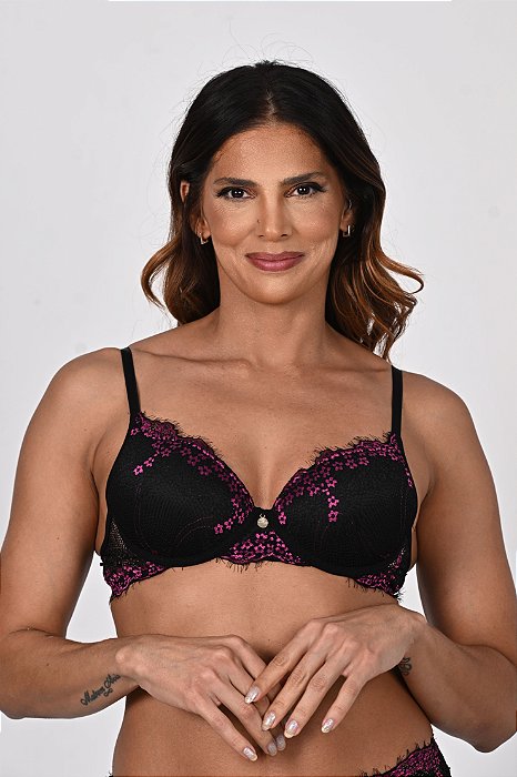Sutia com Bojo em Renda Bicolor Thais Preto 11788