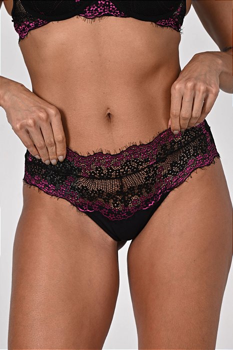 Calcinha Calecon em Renda Bicolor Thais Preto 11791