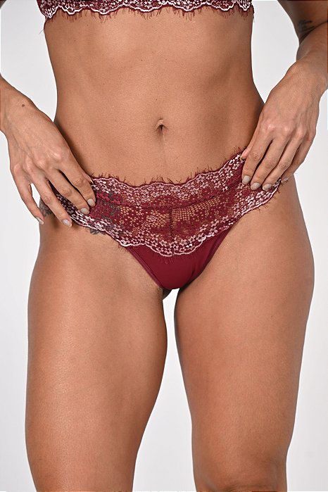 Calcinha Calecon em Renda Bicolor Thais Vinho 11791