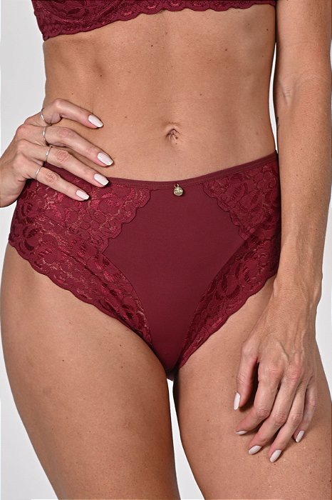 Calca Alta em Microfibra com Renda Vinho 11169