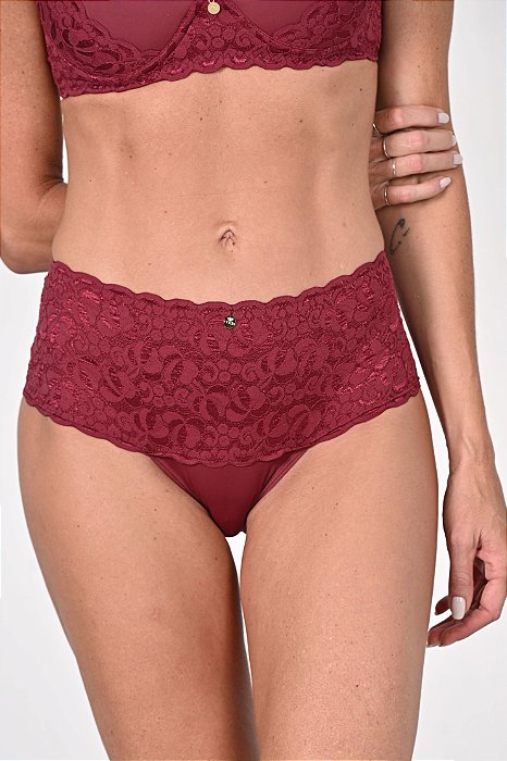 Calcinha Alta em Microfibra Rendada Classic Frente Dupla Vinho 11173