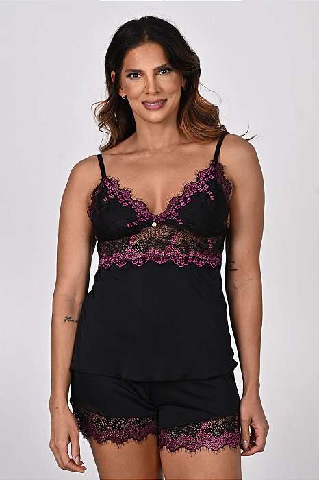 Pijama Short Doll em Liganete e Renda Amanda Preto 11793