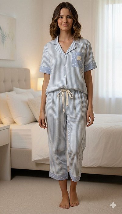 Pijama Capri 100% Algodão com Blusa de Botoes Eva Azul 11823