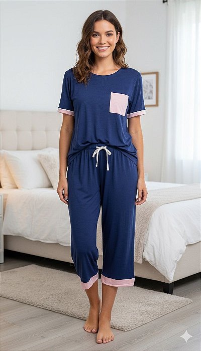 Pijama Capri com Manga Curta Jade Marinho 11826