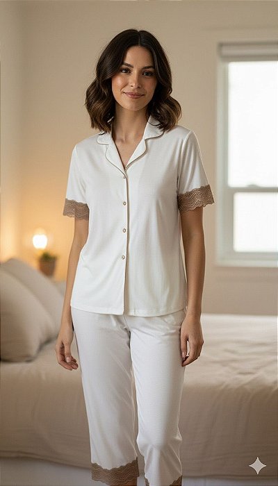 Pijama Feminino Capri com Blusa de botoes Celi Off White 11837
