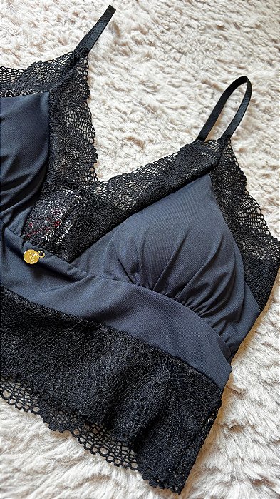 Sutia Top com Bojo Removivel em Microfibra e Renda Lua Preto 11893