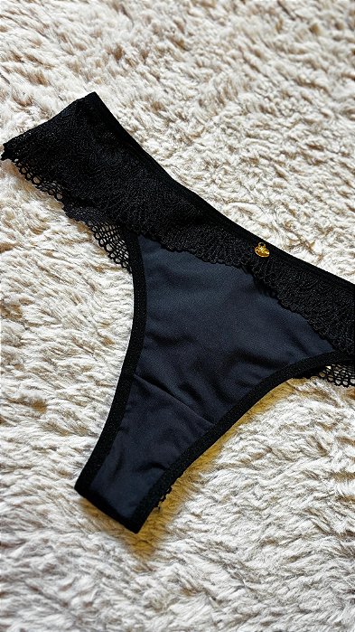 Calcinha Fio Dental Microfibra e Renda Lua Preto 11894
