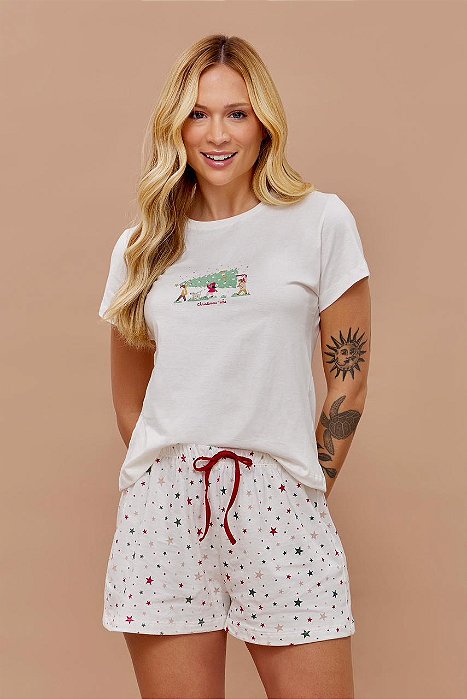 Pijama Feminino Short Doll Manga Curta Natal Estampado 11901