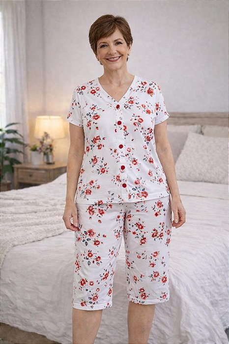 Pijama Feminino Capri com Botoes Adriana Estampa Floral 11905