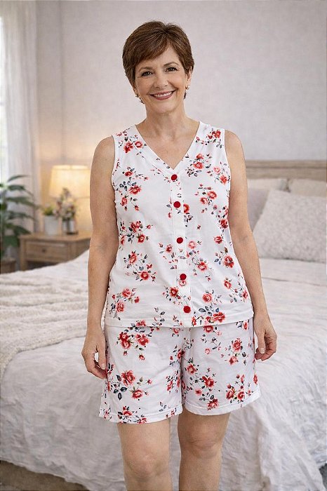 Pijama Feminino Bermudoll com Botoes Adriana Floral 11906