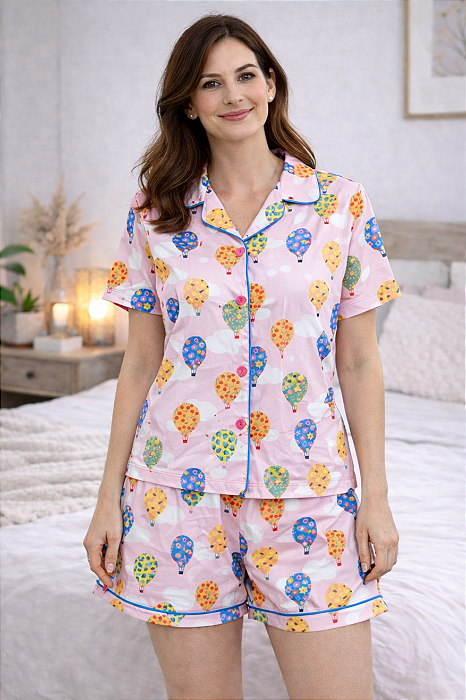 Pijama Short Doll Feminino com Botoes Serena Estampa Balao 11908