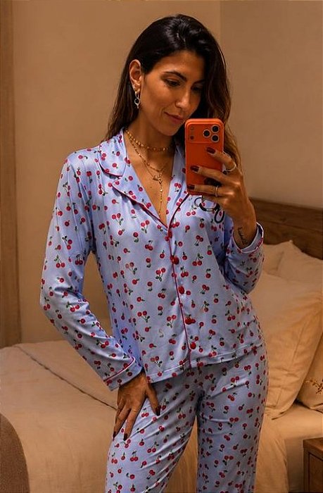 Pijama Longo Femimino Aberto Fabi Cereja 11934