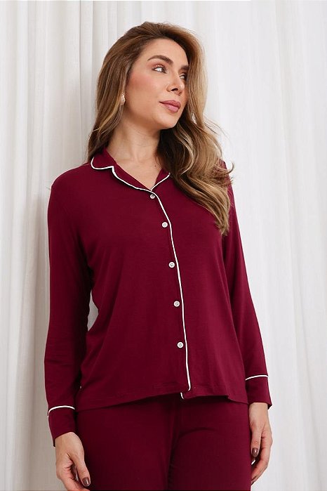 Pijama Feminino Longo Americano Basic em Viscolycra Vinho 11941