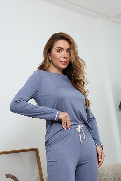 Pijama Feminino Longo Gola V Basic em Viscolycra Jeans 11943