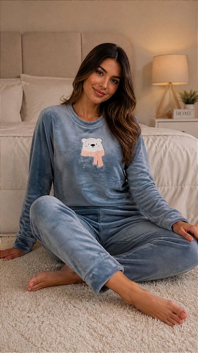 Pijama Longo Fechado Fleece Urso Azul 11950