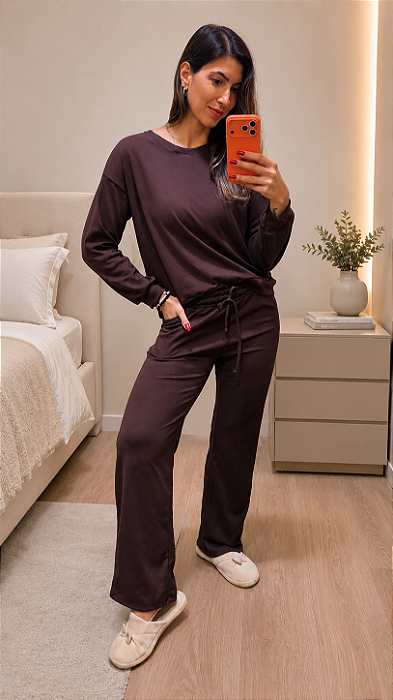 Conjunto Longo em Moletinho Basic Marrom 11914