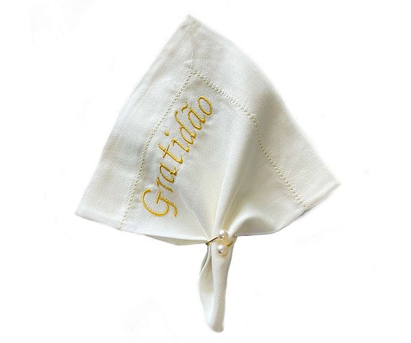 Guardanapo branco de linho com bordado "Gratidão" - 1 pç
