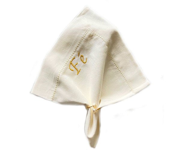 Guardanapo off-white de linho com bordado "Fé" - 1 pç