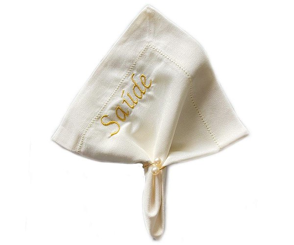 Guardanapo off-white de linho com bordado "Saúde" - 1 pç