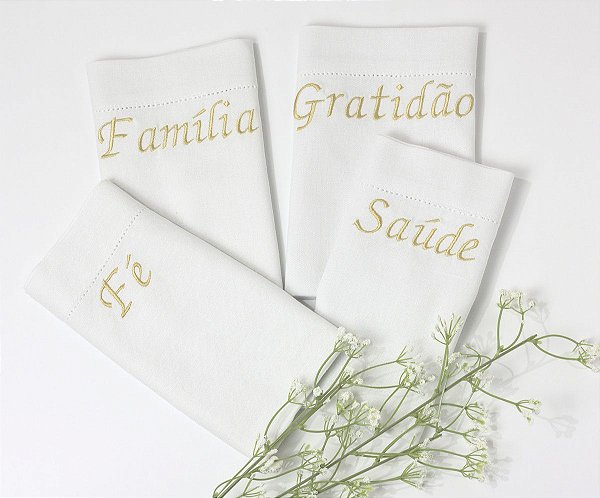 Guardanapos brancos de linho bordados  -  4 pçs