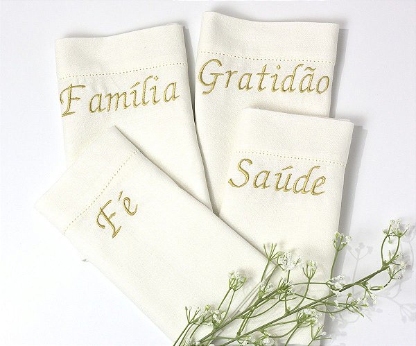 Guardanapos off-white de linho bordados -  4 pçs
