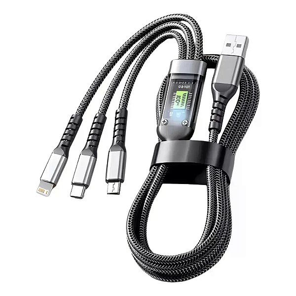 Cabo Turbo 3 em 1 USB-C Lightning Micro USB 100W 1,2m Carregamento Rápido Reforçado