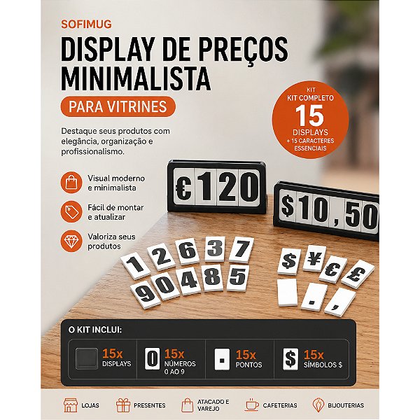 Kit 15 Displays de Preço Minimalista para Vitrine + Números e Símbolos Reutilizáveis | Sofimug