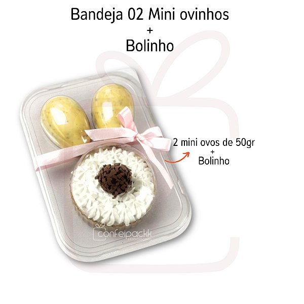 5 / 10 / 15 / 20un Bandeja Pascoa 2 Mini Ovinhos 50gr + Bolinho de 8cm - Flip Festas