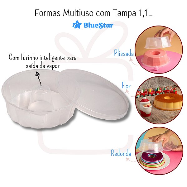 1 / 5 / 10un Forma multiuso para Pudim Modelos Plissada Redonda ou Flor com Tampa 1100ml Forneável Formatina Bluestar