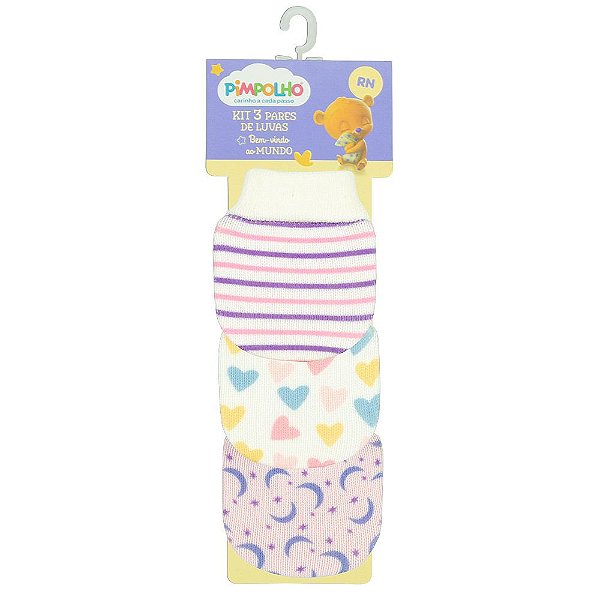 kit luva bebe tricô menina com 3 unidades estampada sortido