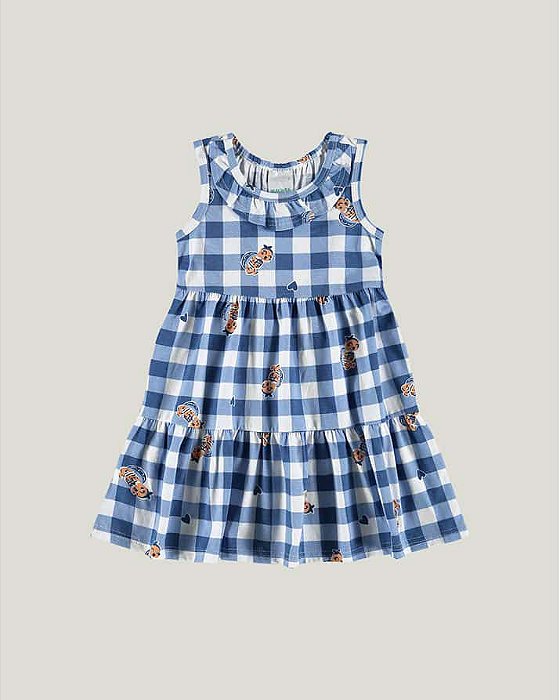 Vestido infantil com Babados Xadrez Azul e Branco - Jujulie