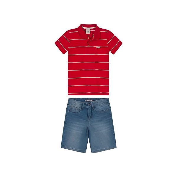 Conjunto Infantil Camisa Polo Vermelho Bermuda Jeans Azul