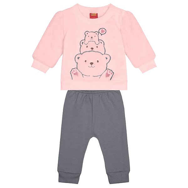 Conjunto Blusão e Calça Moletom Pelo C/Punho Bordado Rosa