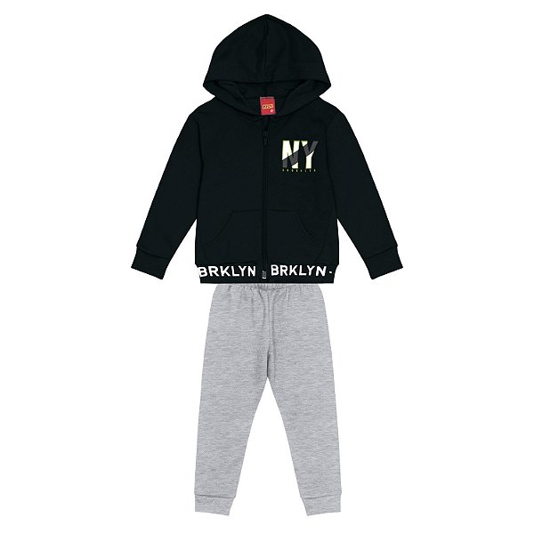 Conjunto Blusão Casaco C/ Ziper Capuz Calça de Moletom Preto