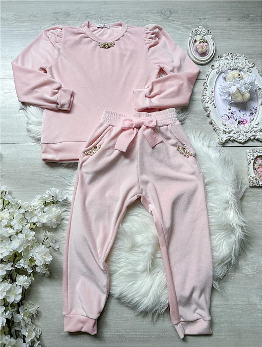 Conjunto Blusão Manga Longa Bufante Perolas Calça Laço Bolso