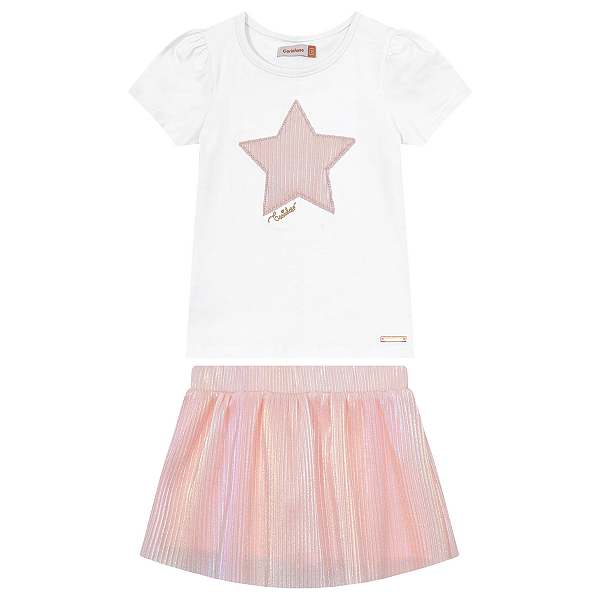 Conjunto Blusa Manga Curta+Saia Brilho Estilosa Menina Branco