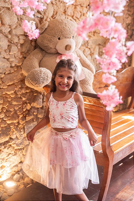 Conjunto Blusa Regata Bordado Pedras Saia Tule Fadas Rosa