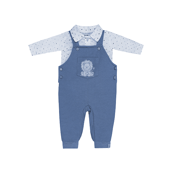 Macacão Jardineira Bebê Manga Longa Bordado Leão Azul Menino