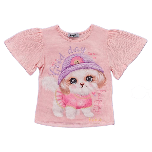 Blusa Cropeed Manga Curta Estampa Cão Fofo Algodão Rosa