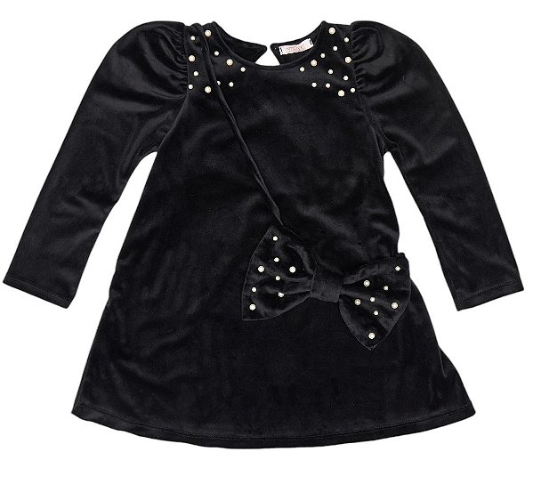 Vestido Manga Longa Menina Preto Com Bolsa Detalhes Perolas