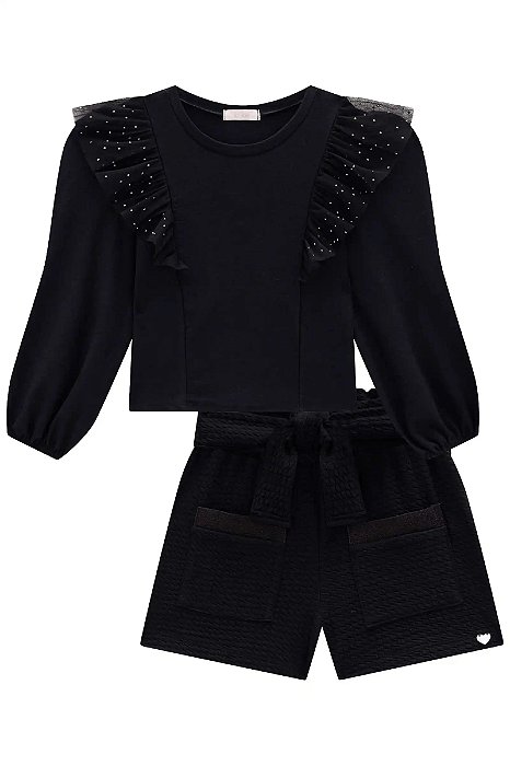 Conjunto Blusa Manga Longa e Shorts Jacquard Estiloso Preto